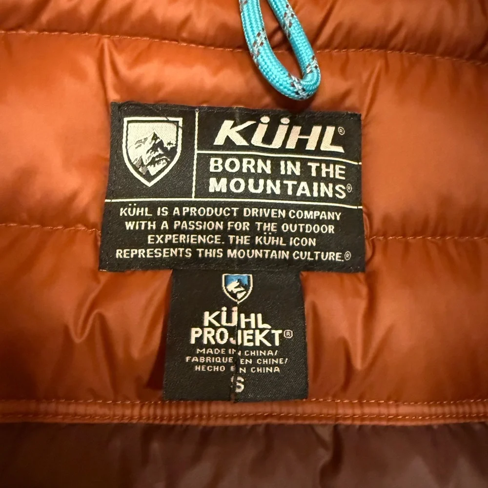 KUHL Spyfire Goose down Jacket cinnamon rust dark orange small puffer NWOT zip - Picture 11 of 15